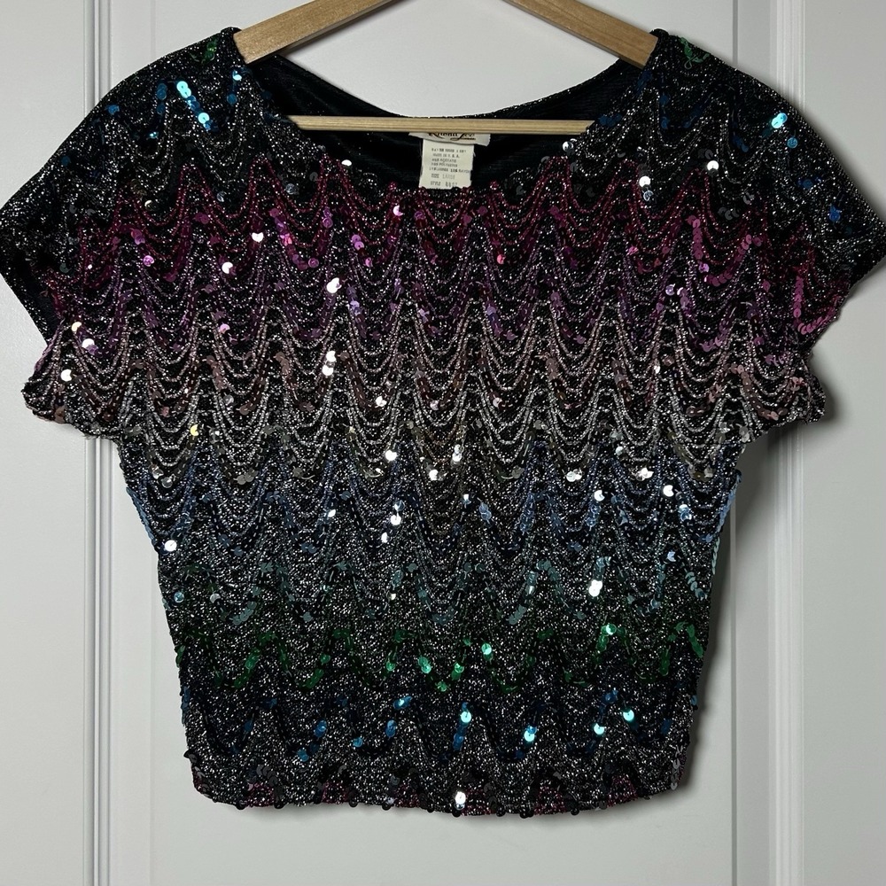 Rhoda Lee Vintage 80s Made in USA Multicolor Ombre Scallop Sequin Lurex Crop Top